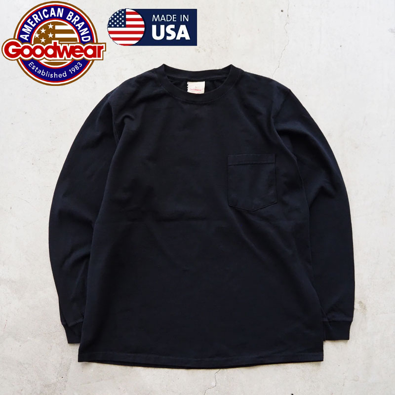 GOODWEAR グッドウェア ロンT USA製 030081 メンズ レディース 無地 長袖 Tシャツ 長袖Tシャツ ポケット アメリカ製 米国 ポケT ロングスリーブ グッドウエア 肉厚 アメカジ ワーク ミリタリー シンプル 黒 白 xl メール便