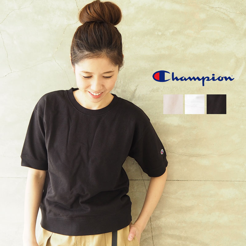 楽天市場 Champion チャンピオン Tシャツ レディース 半袖スウェットシャツ Cw M015 スウェット 半袖 半袖tシャツ 春 春夏 スウェットシャツ クルーネック カジュアル シンプル おしゃれ ゆったり ワイド ロゴ 刺繍ロゴ ワッペン デイリー Uvカット ベージュ 黒 ブラック