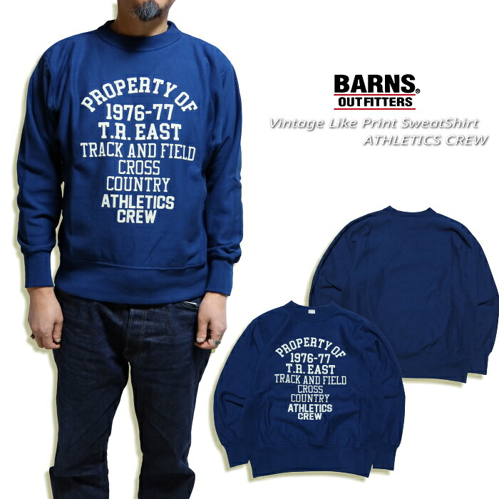 BARNS OUTFITTERS バーンズアウトフィッターズ ヴィンテージライクスウェットシャツ サイドリブ ATHLETICS CREW 日本製 ネイビー BR-25455