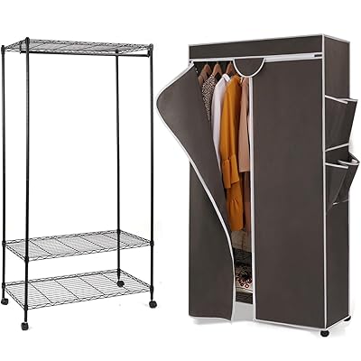 ハンガーラック幅92×奥行46×高さ173cm ワードローブ クローゼット カバー付き キャスター付 スチールラック メタル スリム 省スペース おしゃれ 頑丈 ハンガーかけ コートハンガー 洋服収納 (グレー)|Shibuya Sky
