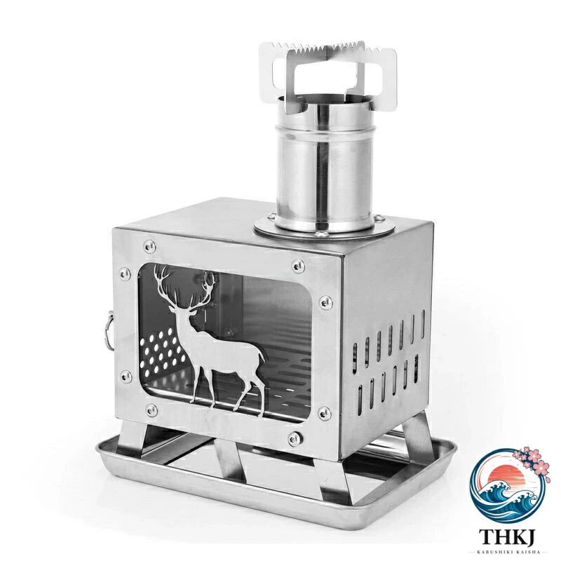 ロケットストーブ 薪ストーブ ステンレス 折りたたみ 小型 軽量 耐熱ガラス窓付 携帯便利 焚き火台 BBQ 火格子付き 煙突と収納袋付き コンパクト アウトドア暖取り キャンプ ウッドストーブ 調理 暖炉|Shibuya Sky