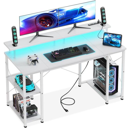 ゲーミングデスクパソコンデスクコンセント&LED付き机pcデスク幅120cm両側ラック&モニター台付き勉強机ゲームデスクcomputerdeskワークデスクオフィスデスク長机左右入れ替え対応ホワイト｜Shibuya Sky