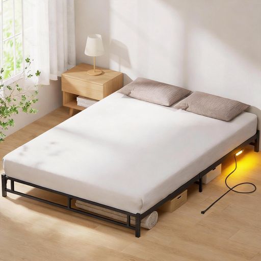 【ライト付きコンセント】ローベッドフレームダブルHoldmベッドフレームだぶる耐荷重400kgパイプベッドbedframe静音ウッドスチールベッド組み立て簡単(高さ15cm-ブラックダブル)|Shibuya Sky