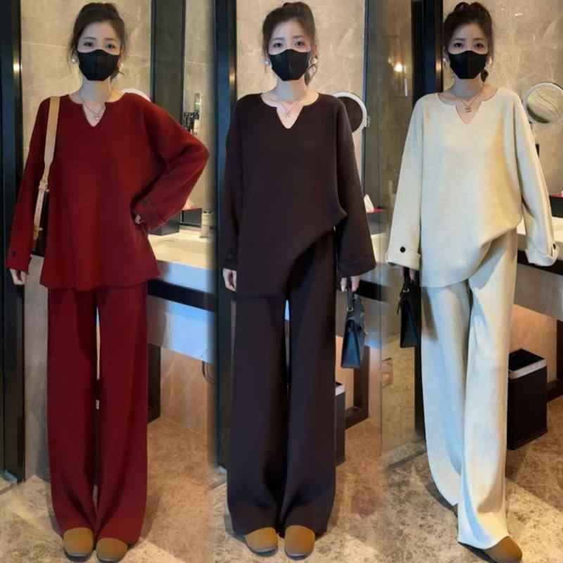 セットアップ レディース Vネック ニット ワイドパンツ ゆったり 着痩せ 伸縮性 軽量 ニット素材 カジュアル 秋冬 再生繊維 高級感 普段使い｜Shibuya Sky