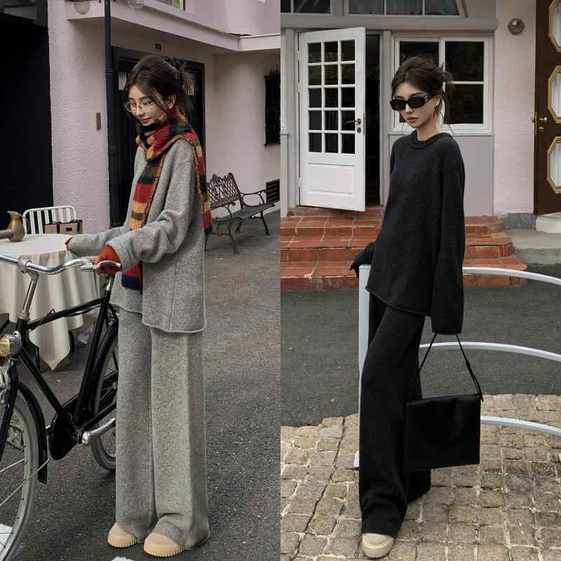 セットアップ 女性用 ニット 羊毛 ワイドパンツ ツーピース 高級感 ゆったりシルエット 普段使い 柔らか 肌触り 暖かみ 伸縮性｜Shibuya Sky