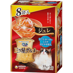 【しろがね色以上の顔触れ様押さえるクーポン券別れ別れ中】ユニ・チャーム 銀の御匙 三ツ星食い道楽 合切袋 ジュレ まぐろ・かつおにしらす・かにかま添え 35ｇ×20個仕掛ける