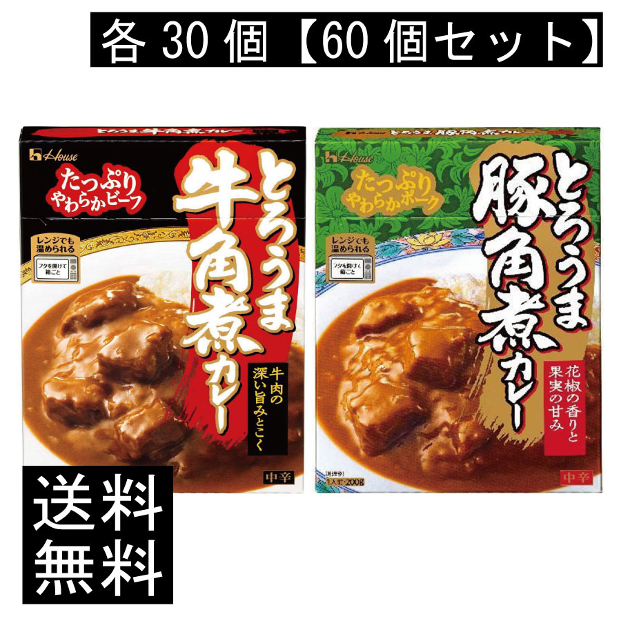 送料無料 ハウス食品 とろうま 牛角煮カレー 豚角煮カレー 中辛 各30個 【60個セット】