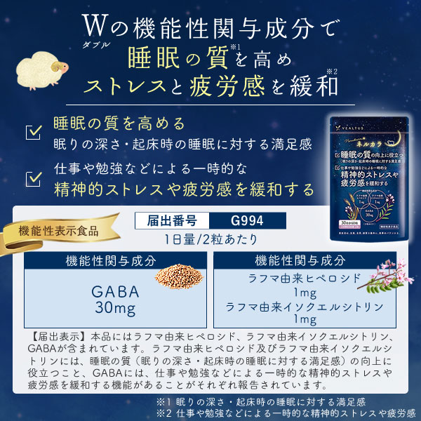 市場 睡眠 ストレスや疲労感緩和 サプリメント サプリ ネルカラ 機能性表示食品 睡眠の質向上