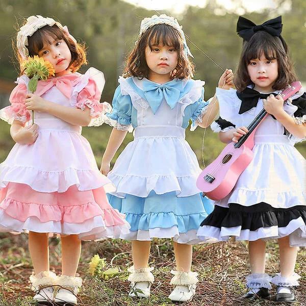 ハロウィン衣装 コスプレ メイド服 女の子 クラシカル ロイヤルメイド ワンピース キッズ 髪飾り付き 蝶結び エプロン 子供コスチューム おすすめ 2022 送料無料