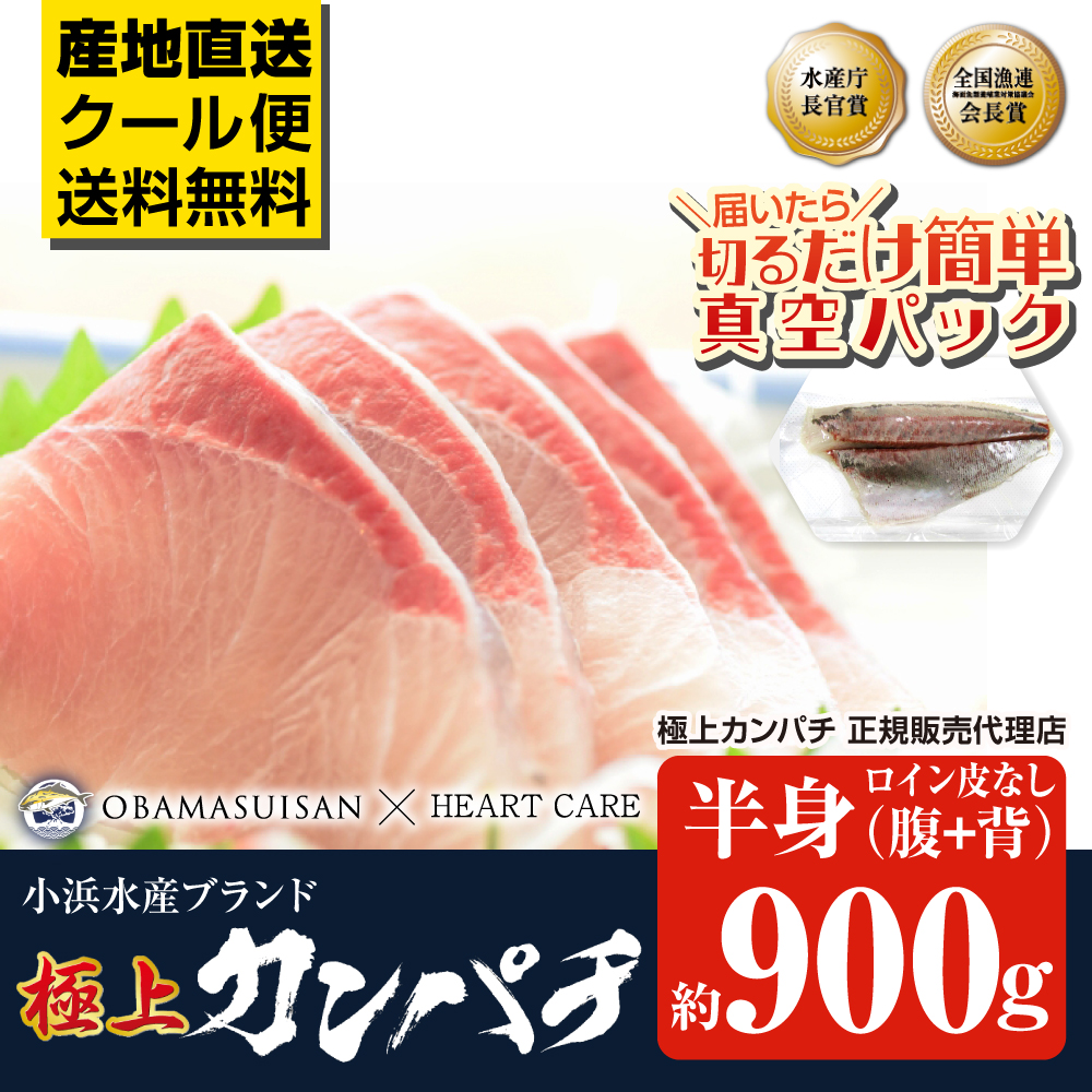 ＼満天☆青空レストランでご紹介／ 極上カンパチ 小浜水産 半身 皮なし 約900g カンパチ 鹿児島県産 刺身 冷蔵 鹿児島 特産 新鮮 お取り寄せ 取寄 直送 [軽減税率]【返品不可】