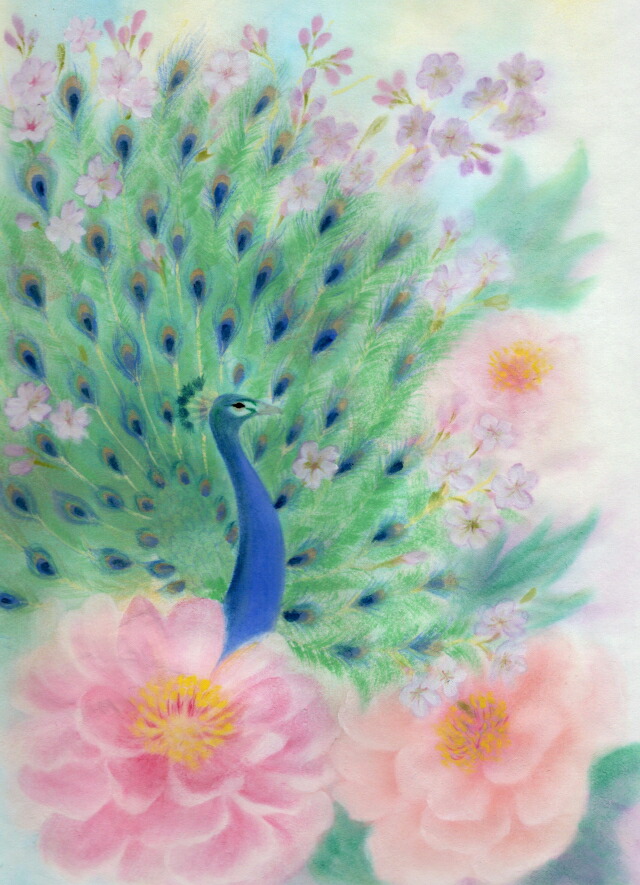 西なつめ しあわせ夢絵 花咲く孔雀 開運アート 開運 夢絵 日本画 絵画 開運インテリア 夢 絵 守護 幸運 福運 お守り スピリチュアルグッズ 事務所開き お祝い事 幸運グッズ 開運グッズ スピリチュアル 母の日 父の日 誕生日 バースデー プレゼント ギフト 贈り物 おすすめ