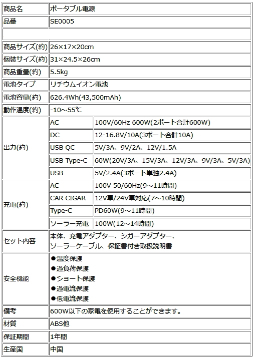 ポータブル電源 SE0005 充電器 災害 アウトドア 持ち運び 家庭用 家庭