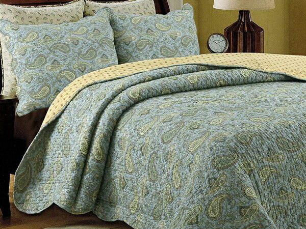 【キング】　Cozy Line Home Fashions キルト3点セット Country Stream Blues Paisley　（グリーン）　269&times;233cm　リバーシブル薄手掛け布団1枚＆枕カバー2　寝具｜輸入セレクトショップハートランド