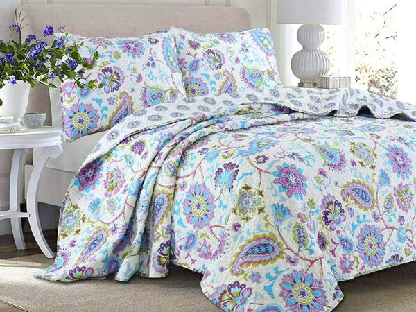 【クイーン】　Cozy Line Home Fashions キルト3点セット Lilac Floral Paisley　（パープル）　223&times;233cm　リバーシブル薄手掛け布団1枚＆枕カバー2　寝具｜輸入セレクトショップハートランド