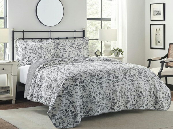 【キング】 Laura Ashley ローラ アシュレイ Amberley Biscuit キルト・セット (ブラック/ホワイト) 243×264cm 薄手掛け布団1枚&枕カバー2枚 寝具|輸入セレクトショップハートランド