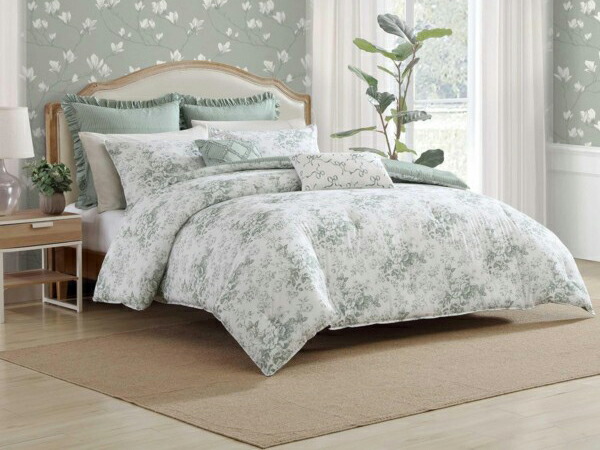 【クイーン】　Laura Ashley ローラ アシュレイ　Toile 掛け布団セット （グリーン）　218×208cm　布団1枚＆枕カバー2枚　寝具