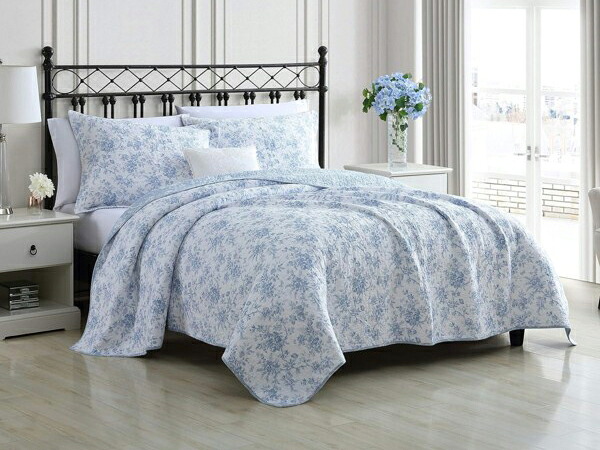 【キング】 Laura Ashley ローラ アシュレイ Walled Garden Blue キルト・セット (ブルー) 243×264cm 薄手掛け布団1枚&枕カバー2枚 寝具|輸入セレクトショップハートランド