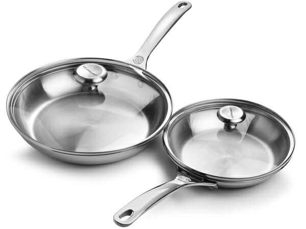 Le Creuset ル・クルーゼ  硝子製フタ付き添い人20＆26珊 フライパン2個書き割り (ステンレス鋼スチール写真） 8＆10inch ルクルーゼ