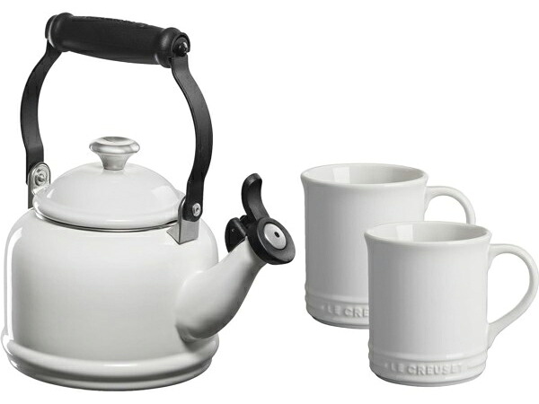 Le Creuset ル・クルーゼ　 笛吹デミケトル＆マグカップ2個セット　(ホワイト)　ステンレス・ノブ　ルクルーゼ