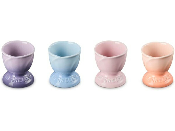 【押さえる品】 Le Creuset ル・クルーゼ 花脣の形のエッグ・優勝杯4個書き割り （淡彩・マルチ色つや） ゆで卵優勝杯