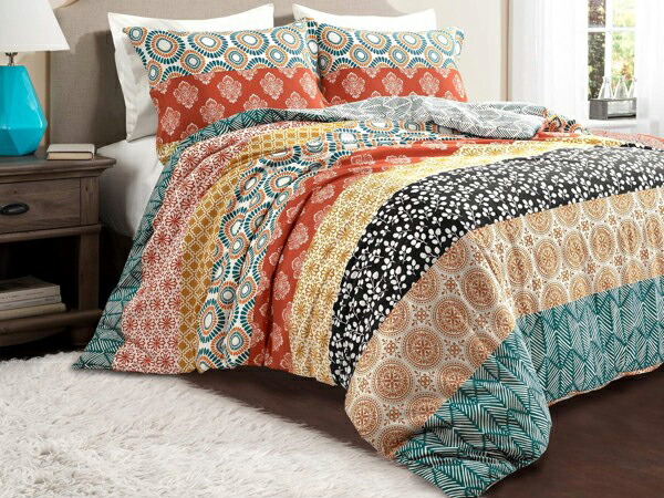 【キング】　Lush Decor ラッシュ・デコール　Bohemian Stripe リバーシブル布団カバー3点セット（ターコイズ＆タンジェリン）　228&times;264cm　掛布団カバー1枚＆枕カバー2枚　寝具｜輸入セレクトショップハートランド