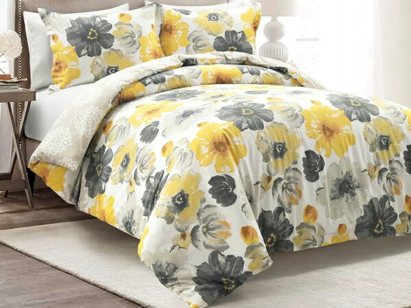 【クイーン】　Lush Decor ラッシュ・デコール　Leah リバーシブル布団カバー3点セット（イエロー＆グレー）　228&times;228cm　掛布団カバー1枚＆枕カバー2枚　寝具｜輸入セレクトショップハートランド