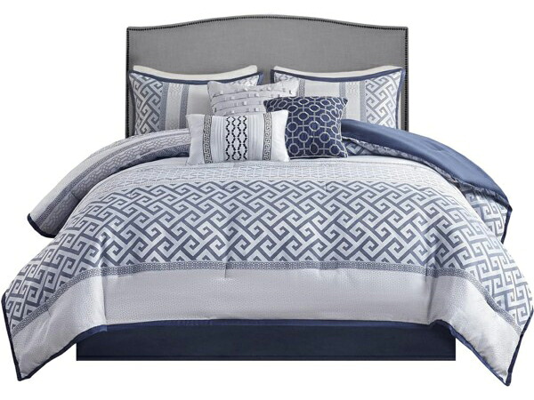 【クイーン】　Madison Park マディソンパーク　Jacquard 掛け布団7点セット （ジオメトリック・ネイビー）　228×228cm　掛け布団1枚＆枕カバー2枚＆装飾クッション3＆ベッドスカート1