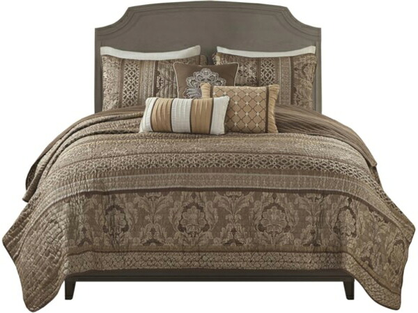 【クイーン】　Madison Park マディソンパーク　Jacquard キルト6点セット （ブラウン）　228&times;228cm　薄手掛け布団1枚＆枕カバー2枚＆装飾クッション3｜輸入セレクトショップハートランド
