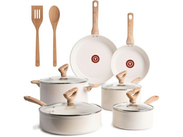 T-fal ティファール 陶芸・ノン突っ支い棒肌理調ハンドル・クックウェアー8点(12天下太平)書き割り （ベージュ） [IH非相応う] Revive Ceramic