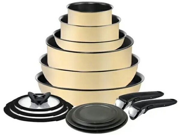 T-fal ティファール　ノンスティック・クックウェアー6点(14ピース)セット　（バニラ）　[IH対応]　ハンドル外し重ねて収納　インジニオ・ハードチタニウム　取っ手のとれるフライパン｜輸入セレクトショップハートランド