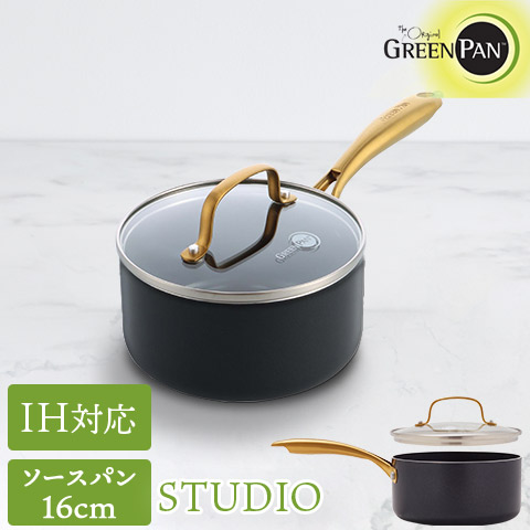【正規品】GREEN PAN ストゥディオ IH・ガス火対応 ソースパン 16cm 強化ガラス蓋付 深さ7.9cm ノンスティックコーティング セラミック ダイヤモンド粒子配合 グリーンパン STUDIO CC007337-004 PFAS ＼ランキング1位！／