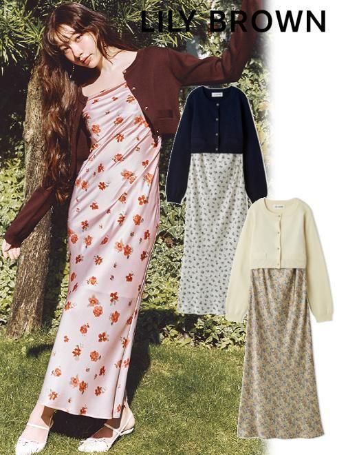【即日さし出し】(継続期間制限事項30%OFF\u0026400円OFF) Lily Brown リリー赤銅色 カーデセットプリントキャミワンピース  26春夏 LWFO261084 マキシ衣装 【新作】
