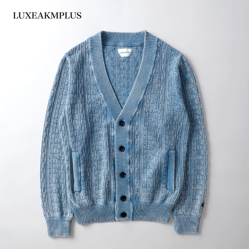 LUXEAKMPLUS リュクスエイケイエムプラス インディゴニットカーディガン メンズ ジレー インディゴ 羽織り 成年者心地よい ゴルフお召しもの 運動競技 ラグジュアリー 差し上げ物 今めかしい 一般受け M/L/XL 30代 40代 50代 60代