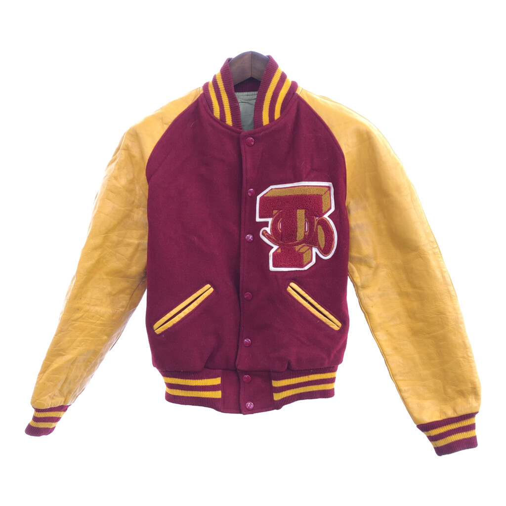 60年代 HOWE ウール レザー スタジアムジャケット ヴィンテージ カレッジ レッド (メンズ M相当) 中古 古着 P6058|YAMAHISA USEDCLOTHINGSHOP