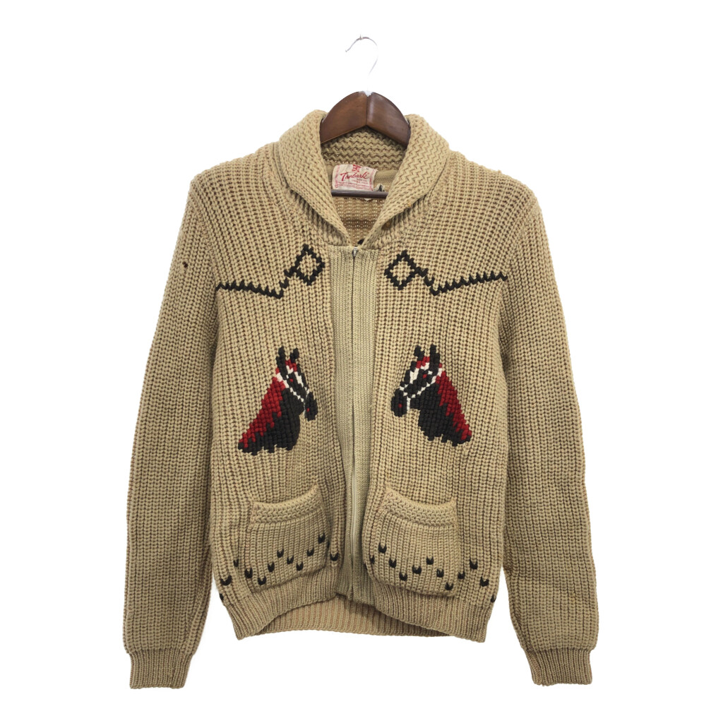 70年代 カナダ製 Tanlark カウチンニット セーター LIGHTNINGジップ ベージュ (メンズ M) 中古 古着 Q0396｜YAMAHISA USEDCLOTHINGSHOP