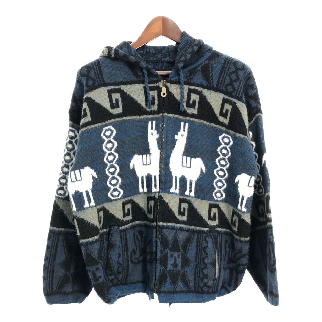 アルパカ柄 ウールニット パーカー アニマル柄 ネイビー (メンズ XL相当) 中古 古着 R6930|YAMAHISA USEDCLOTHINGSHOP