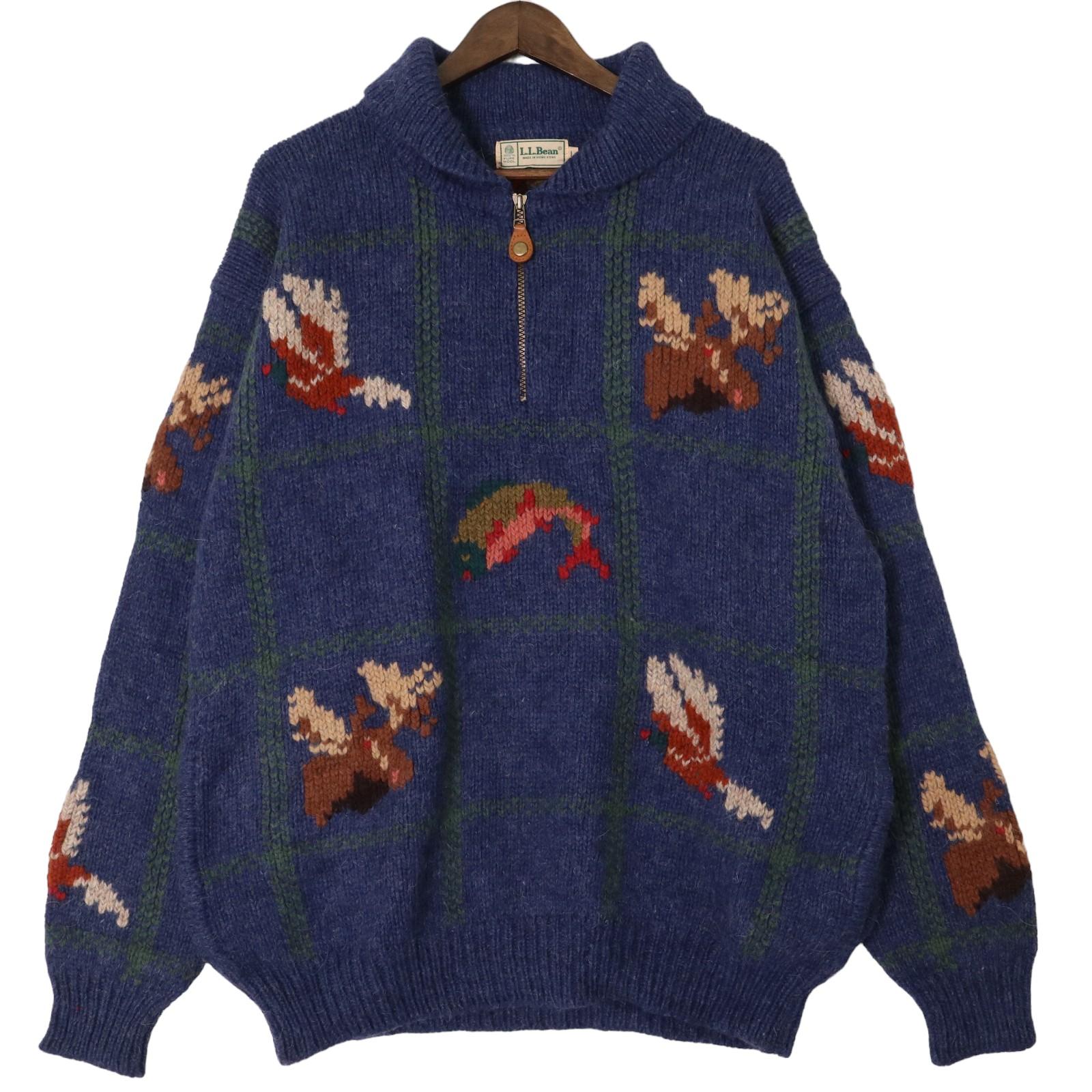 80年代 L.L.Bean エルエルビーン ハンドニット ハーフジップ セーター アウトドア 総柄 ネイビー (メンズ L) 中古 古着 A1220