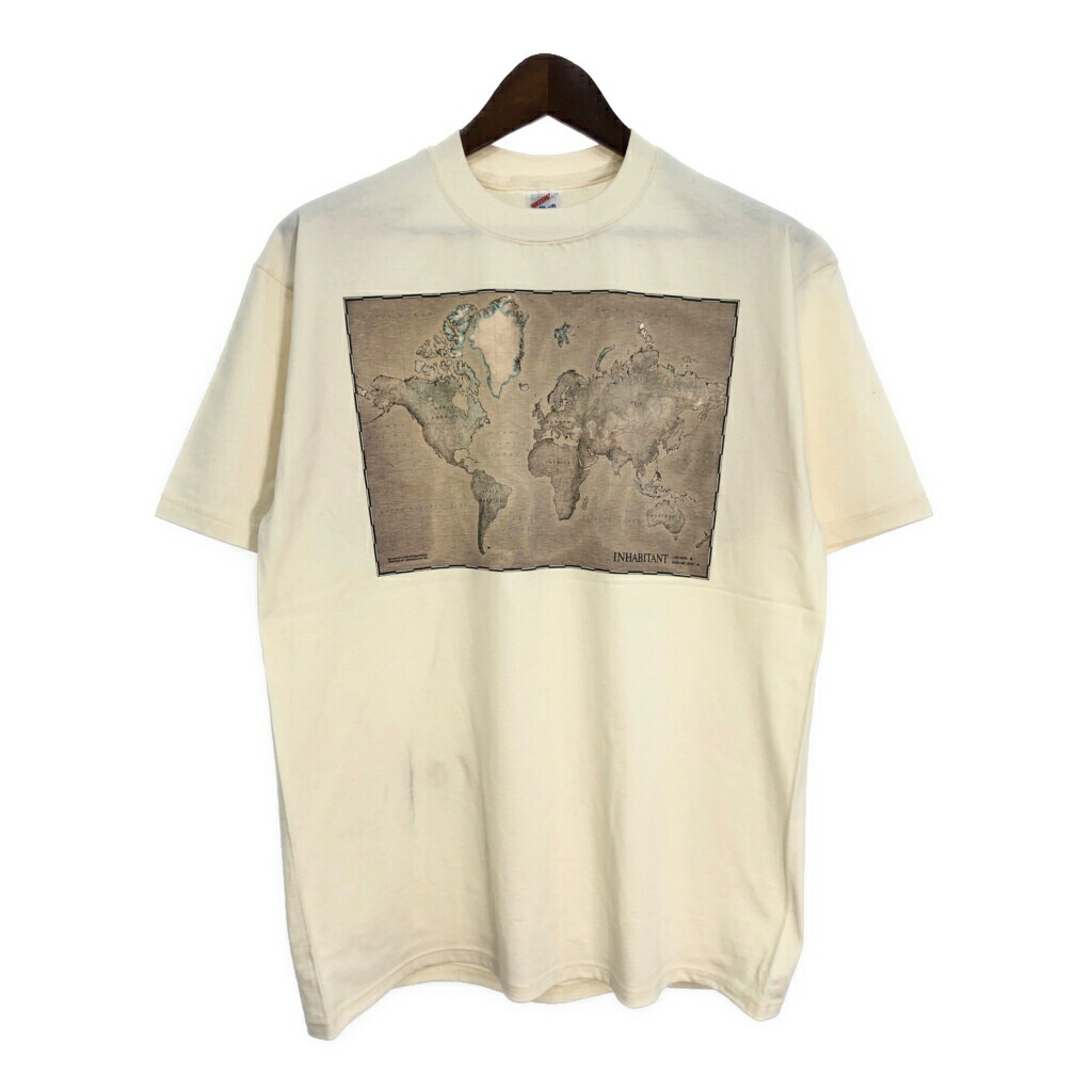デッドストック 90年代 USA製 JERZEES ジャージーズ マップ 半袖Tシャツ ベージュ (メンズ L) 中古 古着 T0055