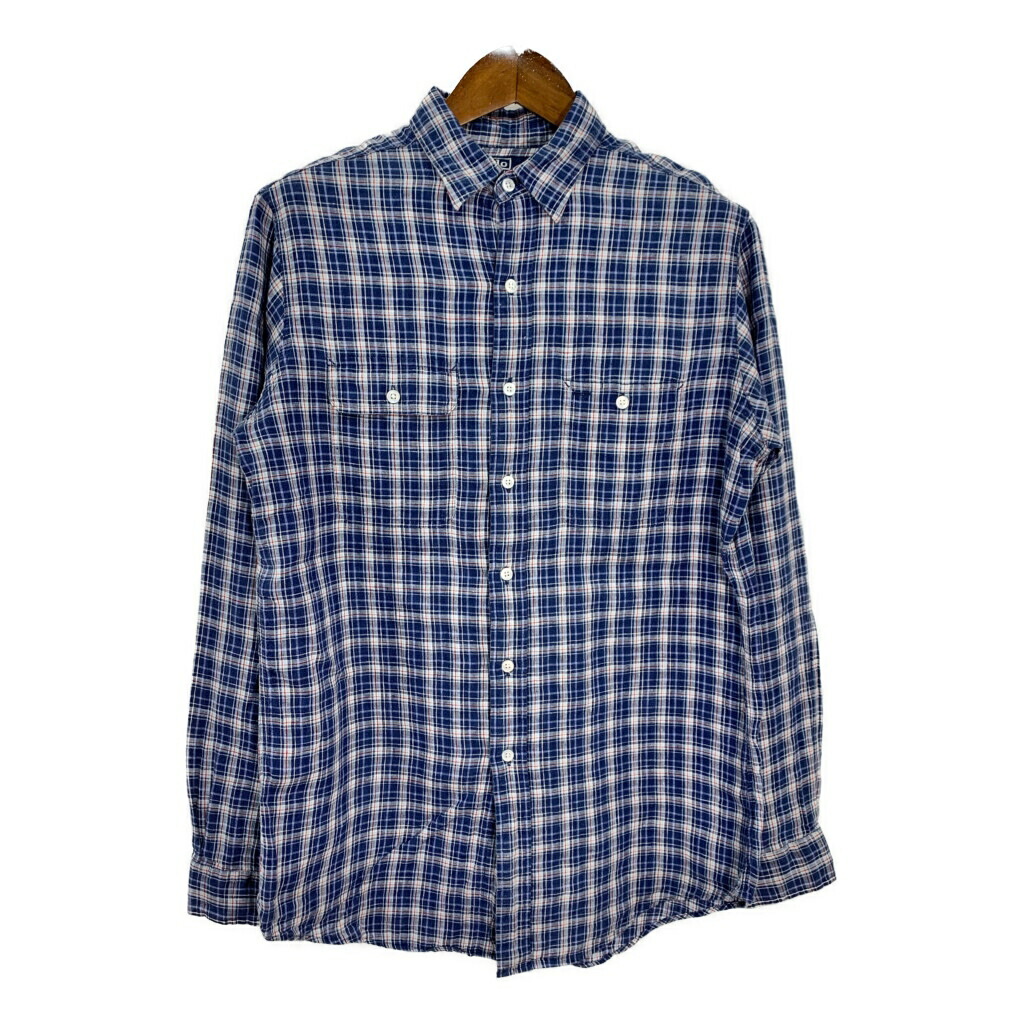 90年代 Polo by Ralph Lauren ポロ ラルフローレン リネンシャツ チェック ブルー (メンズ M) 中古 古着 T0517