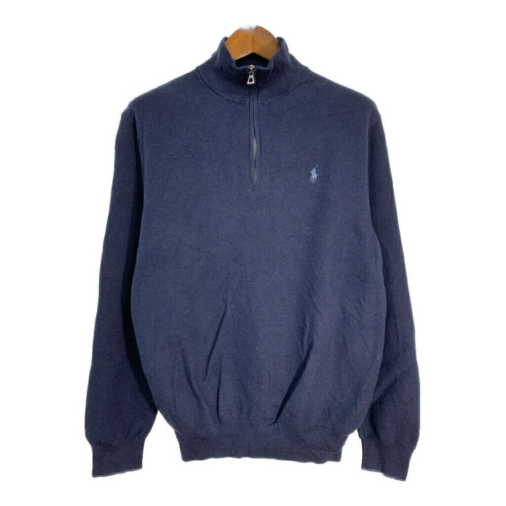 Polo by Ralph Lauren ポロ ラルフローレン ハーフジップ コットンセーター ワンポイントロゴ ネイビー (メンズ L) 中古 古着 T1433