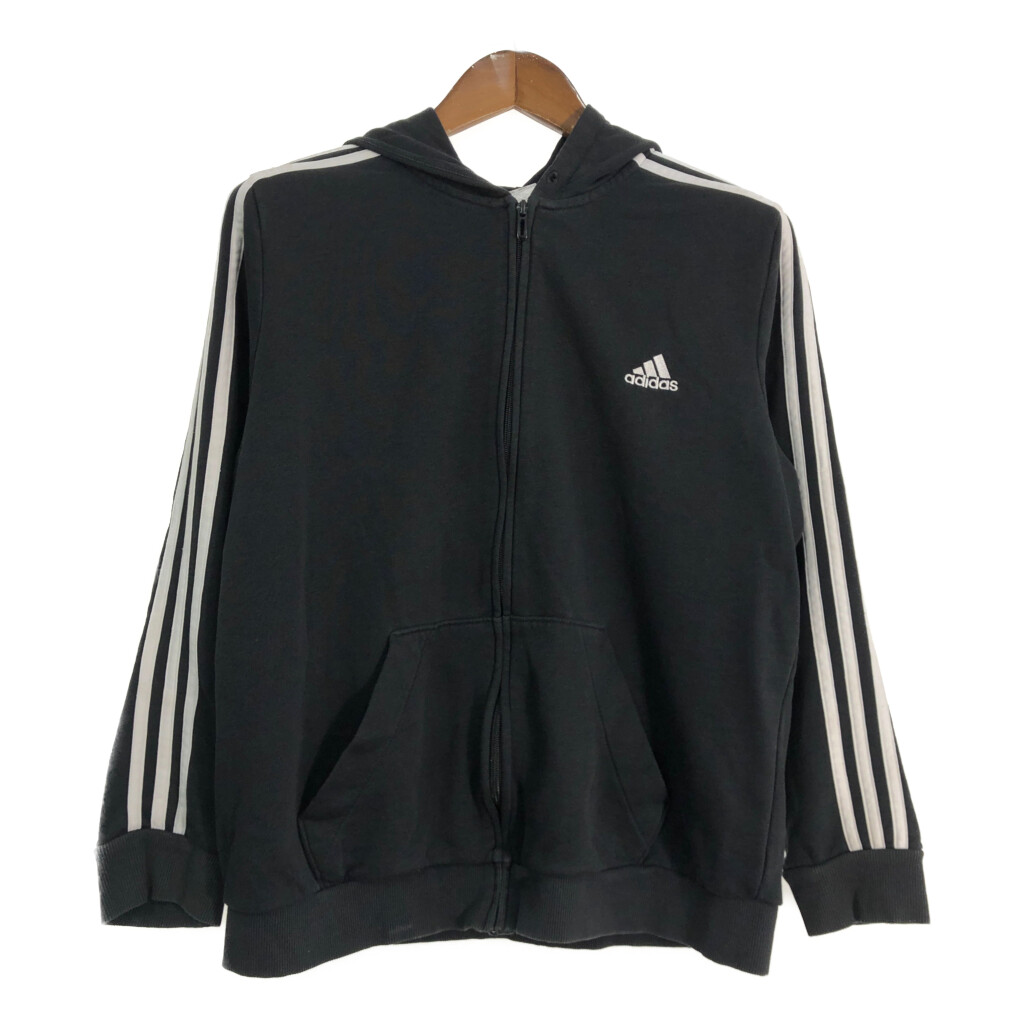 アディダス☆adidas プリントロゴ　パーカー　フーディー　3本ライン　古着 adidas アディダス 刺繍 ジップパーカー フーディー L 白 3本