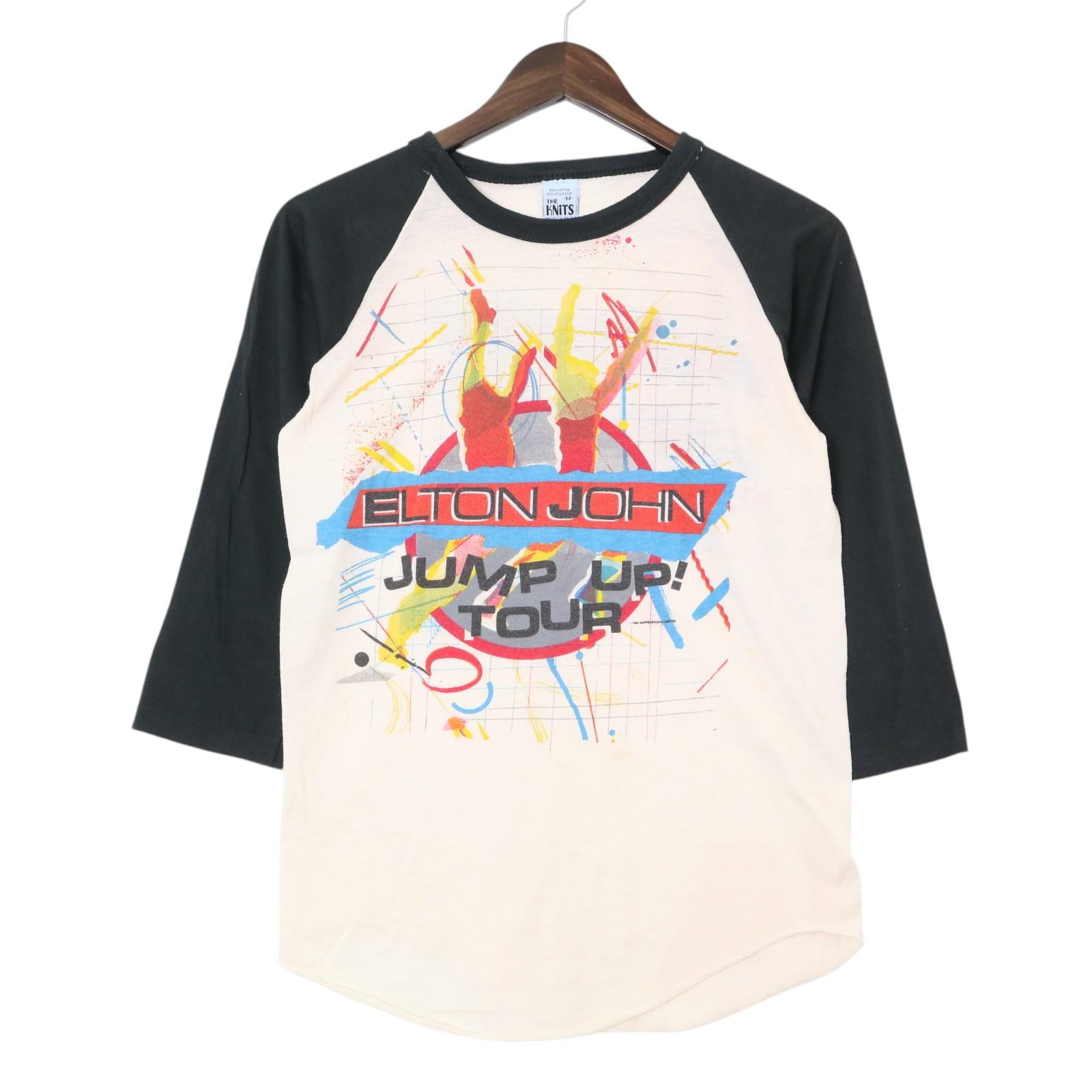 80年代 USA製 ELTON JOHN エルトン・ジョン JUMP UP! TOUR 七部丈Ｔシャツ バンド ホワイト (メンズ M) 中古 古着 A4253