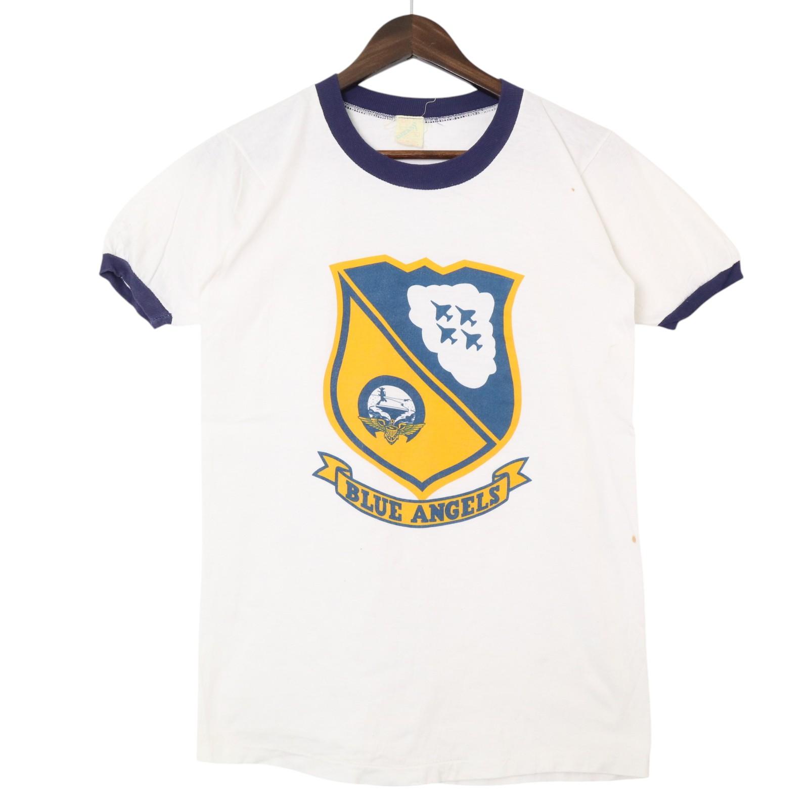 80年代 FANTASY U.S. NAVY BLUE ANGELS リンガーＴシャツ ミリタリー ホワイト (メンズ L) 中古 古着 A4270