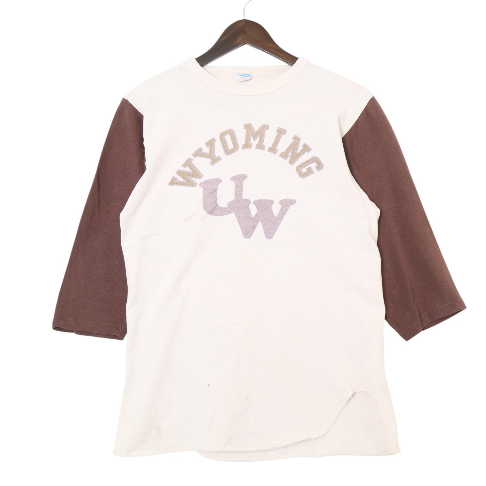 70年代 Champion チャンピオン ベースボール Tシャツ ワイオミング 大学 ヴィンテージ バータグ ホワイト(メンズ L)中古 古着 A4277