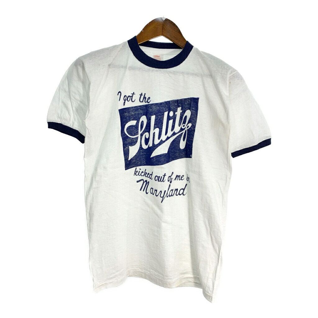 70年代 HANCO schlitz リンガー 半袖Tシャツ 企業ロゴ ホワイト (レディース XL) 中古 古着 T3225