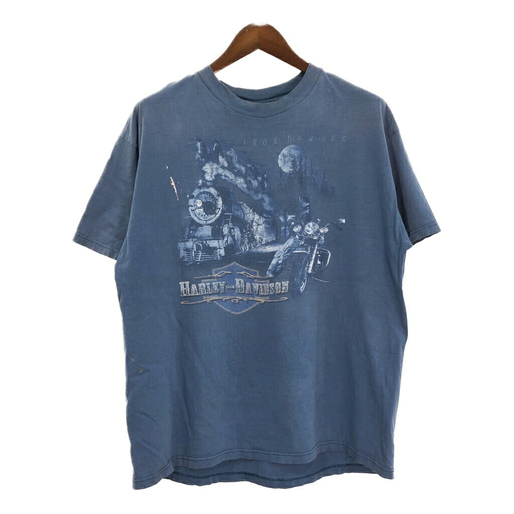 00年代 USA製 HARLEY DAVIDSON ハーレーダビッドソン 半袖Ｔシャツ ブルー（メンズ XL ）中古 古着 T5237