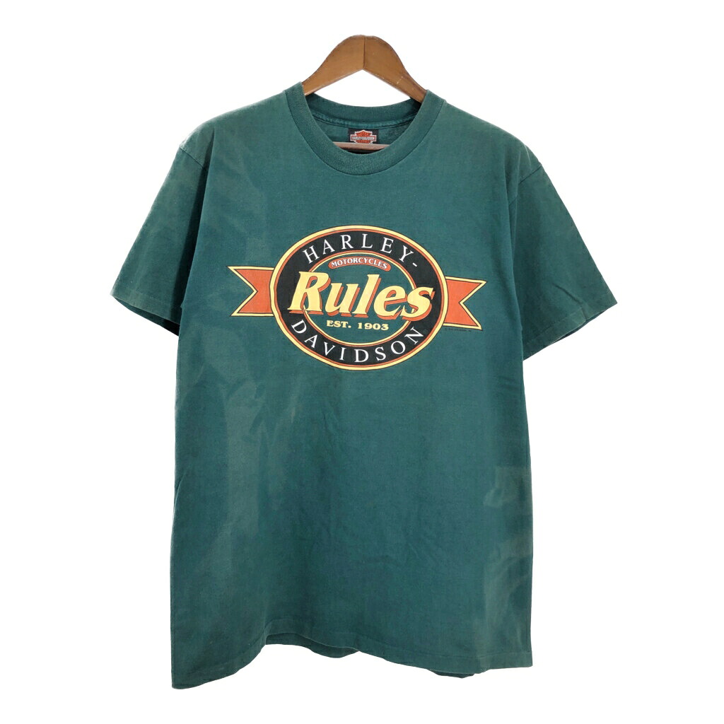 90年代 USA製 HARLEY DAVIDSON ハーレーダビッドソン 半袖Ｔシャツ グリーン（メンズ XL ）中古 古着 T5308