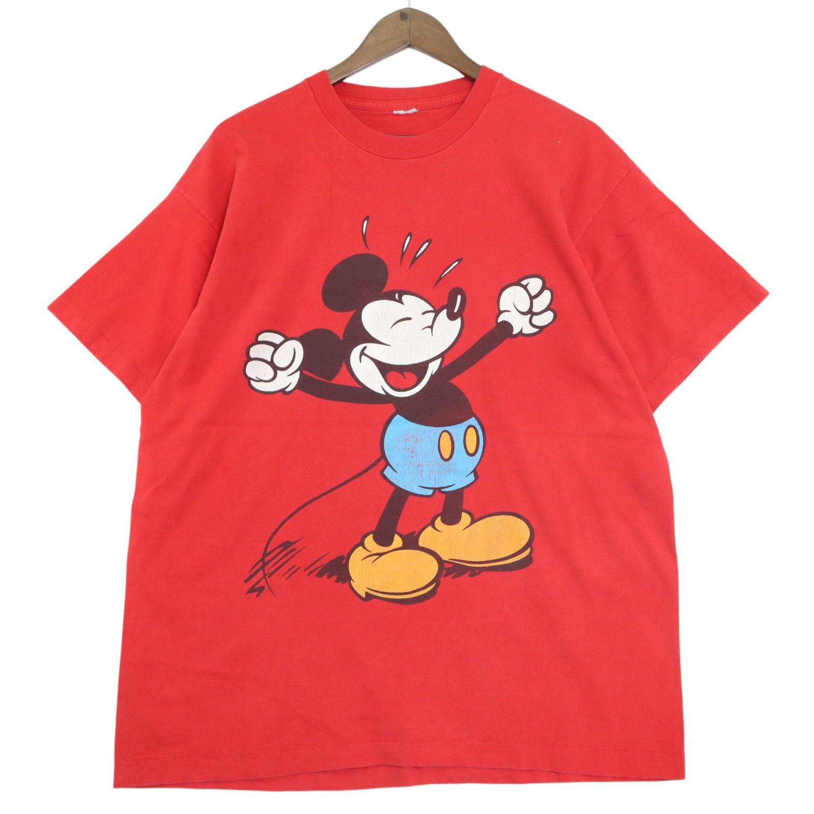 90年代 Disney ディズニー ミッキーマウス 青パン 半袖Ｔシャツ キャラクター レッド(メンズ L相当)中古 古着 A4839