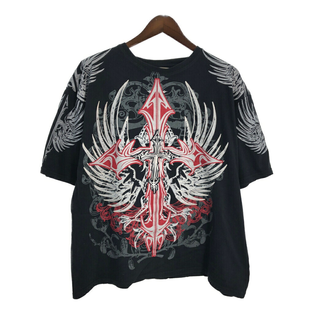 Fingu 大判プリント アフリクション系 y2k 半袖Ｔシャツ クロス ブラック(メンズ XXL)中古 古着 T6220
