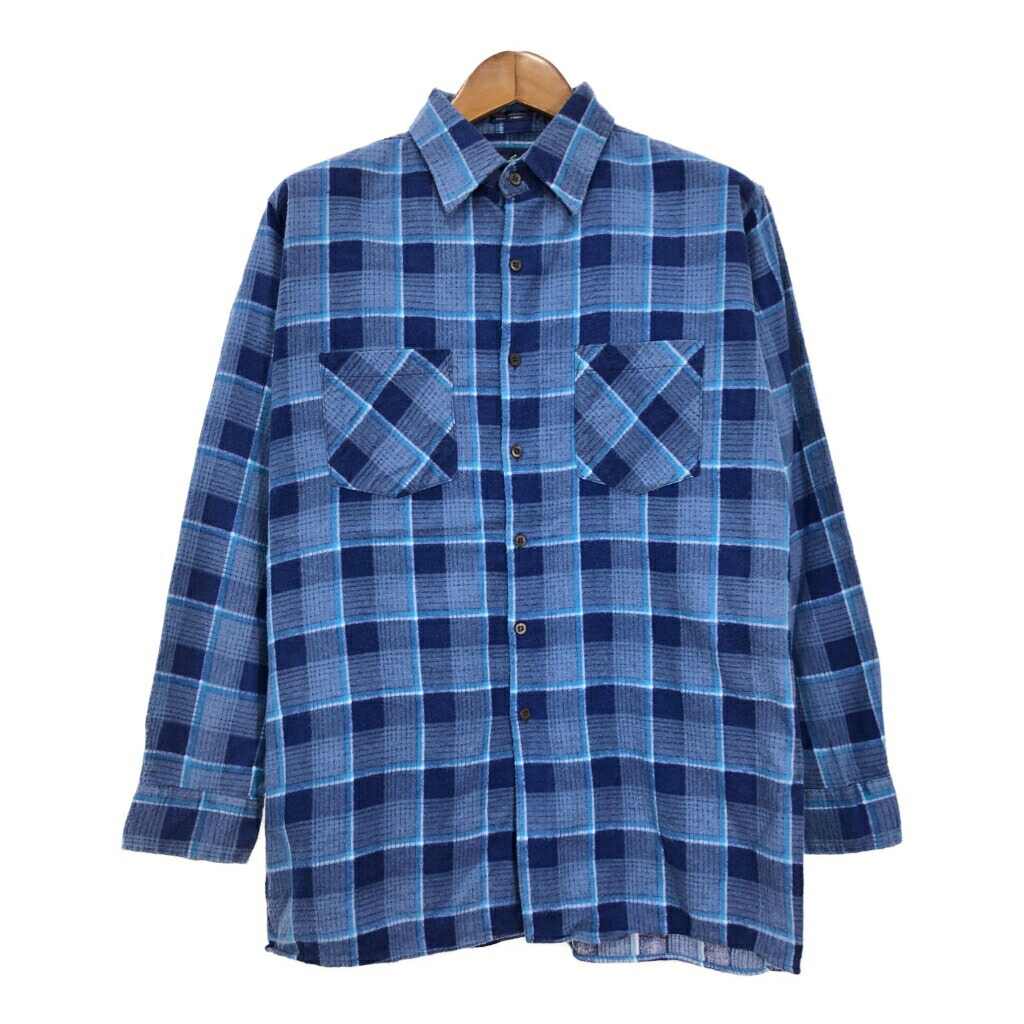 DEEP NORTH プリント フランネルシャツ チェック ブルー（メンズ L ）中古 古着 T6283